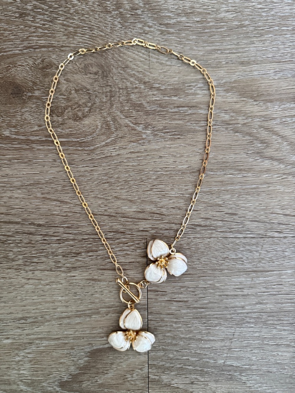Gold Chain Necklace with White Flower Pendants